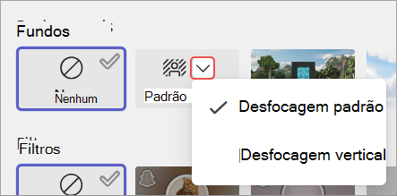 Captura de ecrã a realçar as opções de desfocagem de fundo no ecrã de pré-participação da reunião.