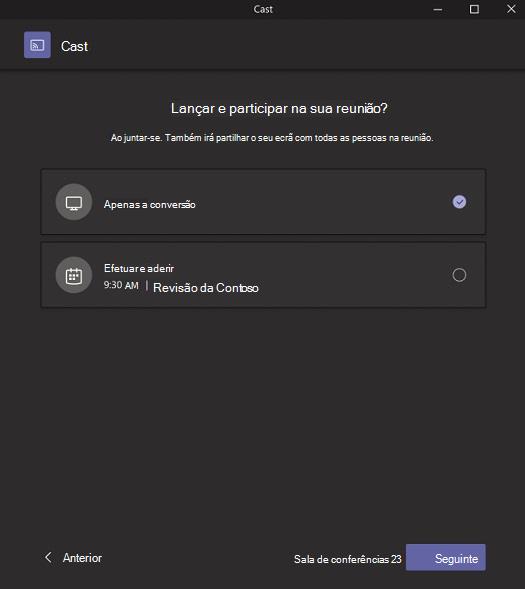Um pop-up que lhe permite escolher se quer apenas lançar ou lançar e participar numa reunião.
