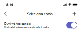 O botão de alternar Ouvir múltiplos canais no ecrã Selecionar canais no Walkie-Talkie