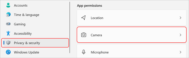 Definições do Windows com a IU da câmara realçada.