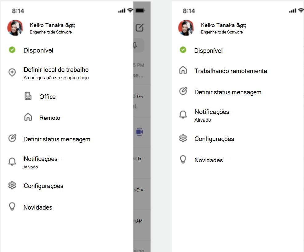 captura de ecrã do menu móvel com a opção de localização de trabalho