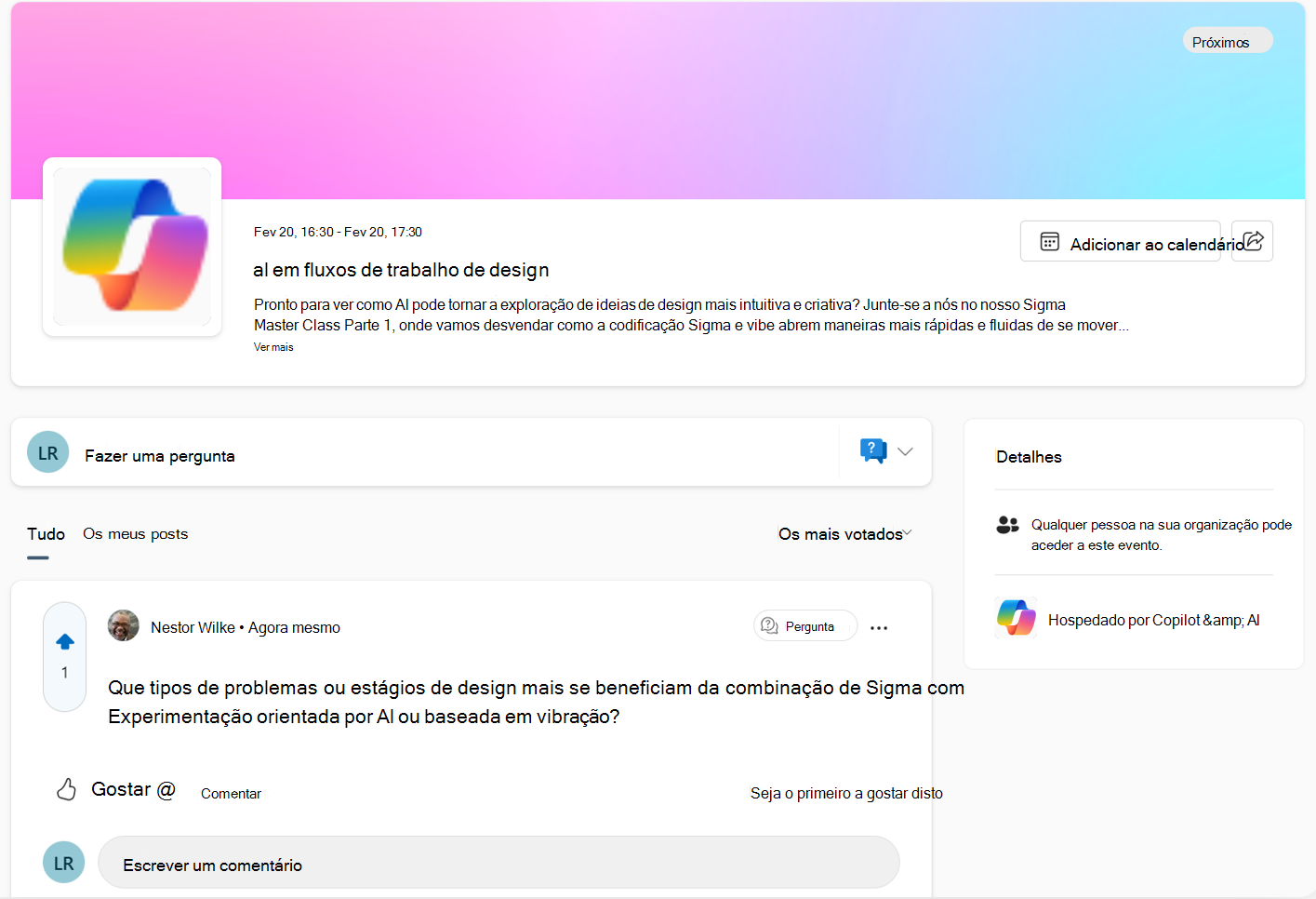 Captura de ecrã de um evento Assíncrono de exemplo, que contém uma conversação que consiste em perguntas dos membros da comunidade