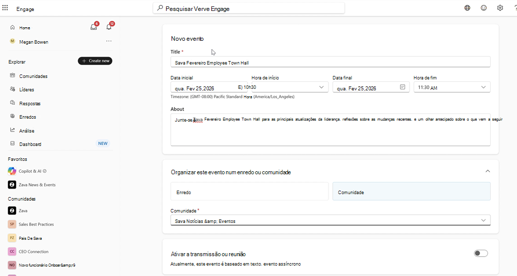 Captura de ecrã a mostrar como definir a hora e o local do novo evento.