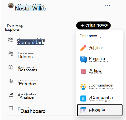 O Engage navegação esquerdo fornece o menu Criar novo.