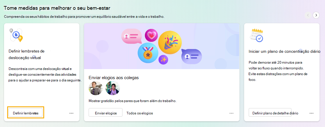 Captura de ecrã a mostrar o cartão de início Definir lembretes para Deslocamento virtual.