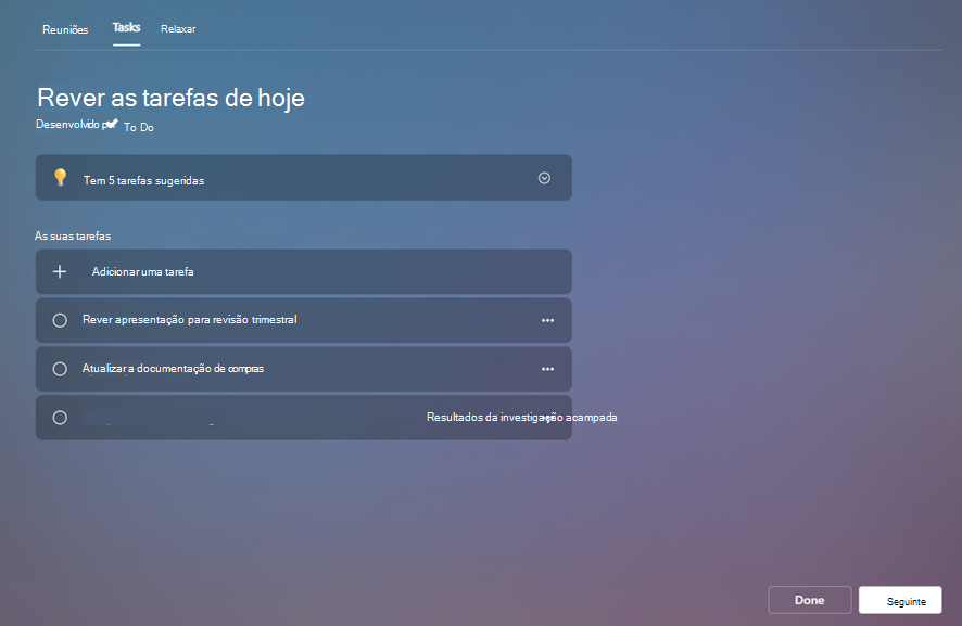 Captura de ecrã que mostra a secção de tarefas da deslocação virtual