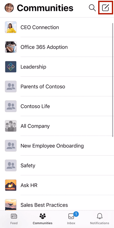 Captura de ecrã a mostrar a composição de uma conversação numa comunidade do Yammer com a aplicação móvel
