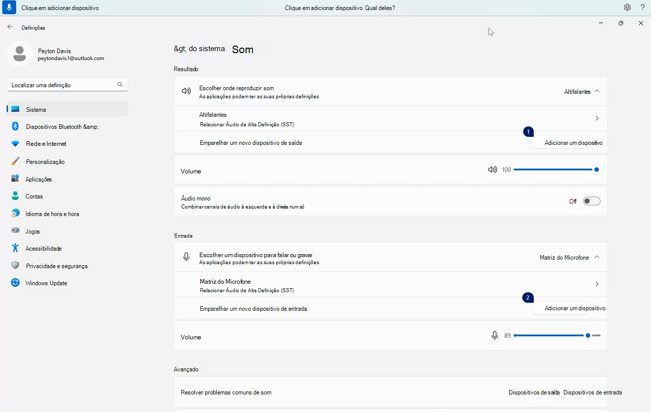 Um exemplo de um comando de acesso de voz para gerenciar várias correspondências mostrando o comando de acesso à voz Clique em adicionar dispositivo nas configurações do Windows Sound.