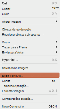 A opção Exibir Texto Alt no menu de contexto no PowerPoint para Mac.