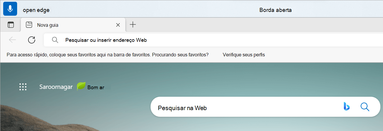A IU de acesso por voz está no estado de escuta, com o open edge como o feedback em tempo real e o edge aberto como feedback de execução de comandos.