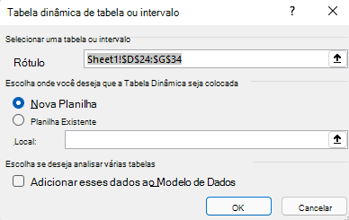 Crie a caixa de diálogo Tabela Dinâmica no Excel para Windows mostrando o intervalo de células selecionado e as opções padrão.
