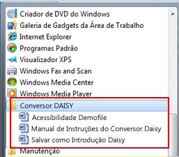 Menu Iniciar exibindo os arquivos Daisy após a instalação