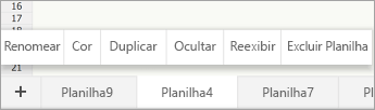 Guia de planilha selecionada, mostrando o comando Renomear