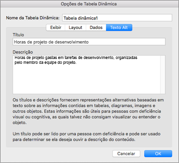 Caixa de diálogo Alt Text para uma Excel PivotTable.