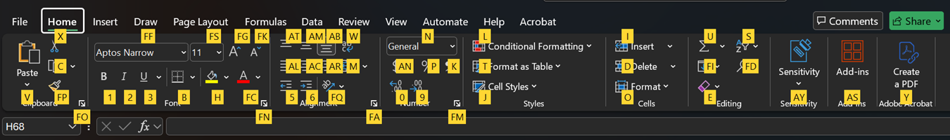 Dicas de tecla da faixa de opções do Excel.