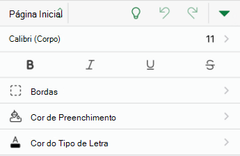 Opções de formatação de fonte no Excel para iOS