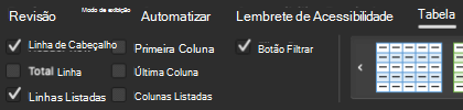 Caixa de seleção Linha de Cabeçalho selecionada no grupo Estilos de Tabela no Excel para Mac