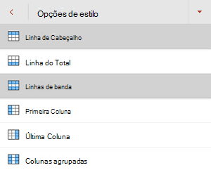 A caixa de seleção Linha de Cabeçalho selecionada no menu Opções de Estilo no PowerPoint para Android.