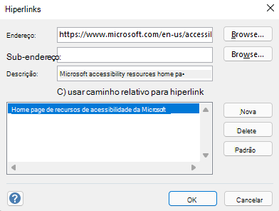 A caixa de diálogo Hiperligações no Visio para Windows.