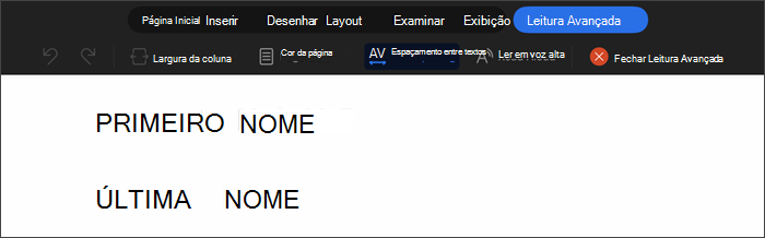 captura de tela do leitor imersivo com espaçamento de texto selecionado. o espaço entre cada letra de texto é expandido