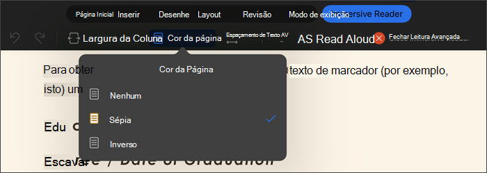 captura de tela da leitura avançada com a cor da página selecionada, as opções são nenhuma, sépia, inversa