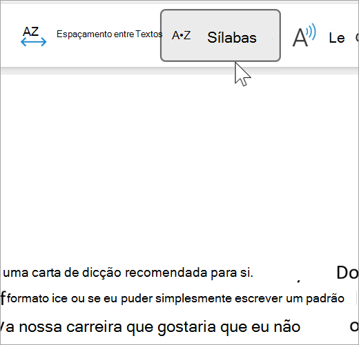 Captura de ecrã a mostrar a funcionalidade Sílaba do leitor envolvente selecionada e a mostrar algumas palavras num e-mail separado em sílabas. a palavra recomendação é apresentada como rec dot om dot men dot da dot tion