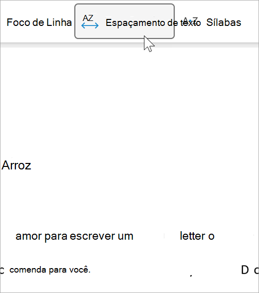 Captura de tela da opção de espaçamento do texto da leitura avançada, há uma distância maior entre as letras e entre as palavras