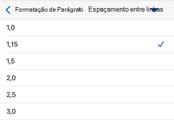 Opções de espaçamento entre linhas no Word para iOS.
