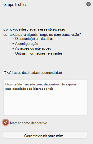 A caixa de seleção Marcar como decorativa selecionada no painel Texto Alt no PowerPoint para Mac.
