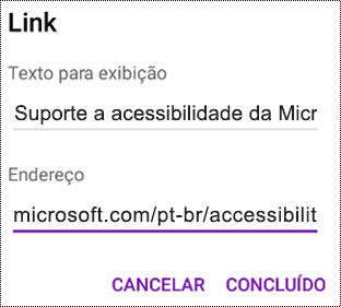 Adicionar caixa de diálogo de hiperlink no OneNote para Android