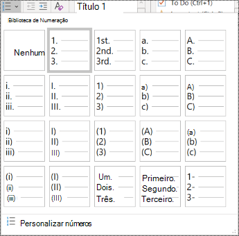 Captura de tela da opção de lista numerada no menu Página Inicial.