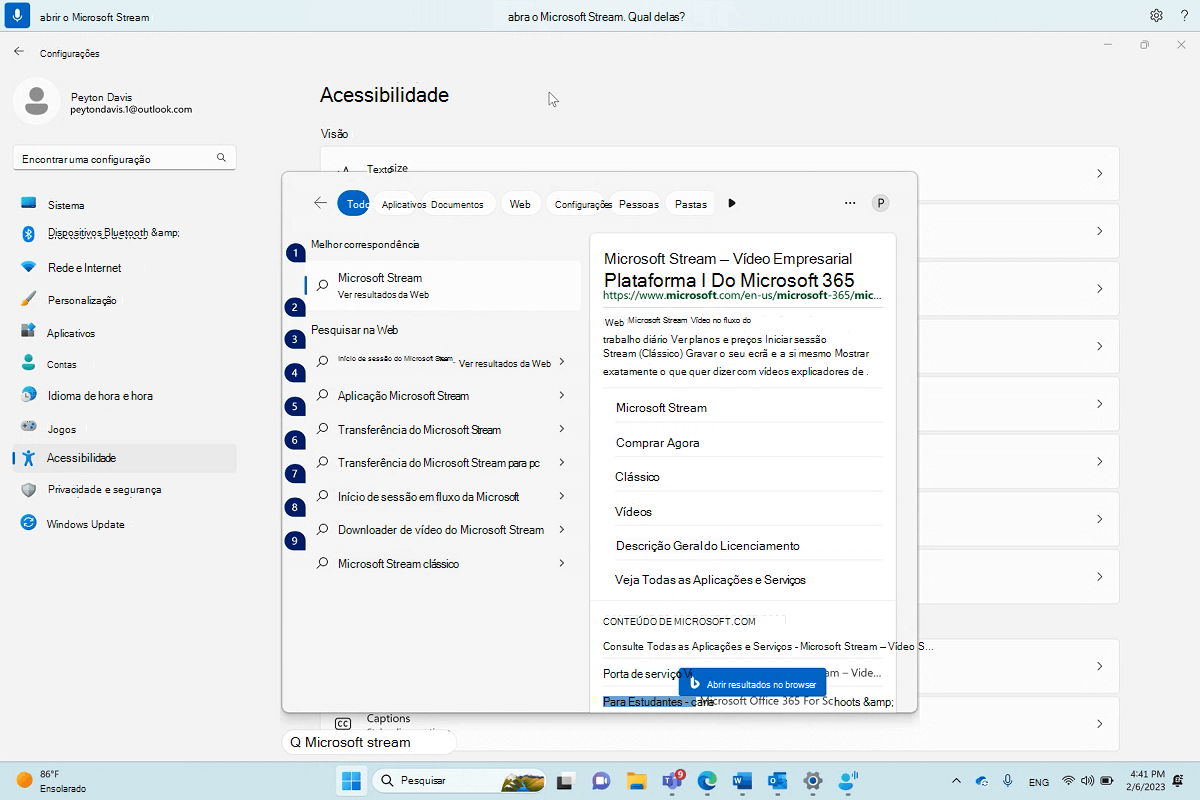 Caixa de diálogo para abrir Microsoft Stream com acesso por voz do Windows.