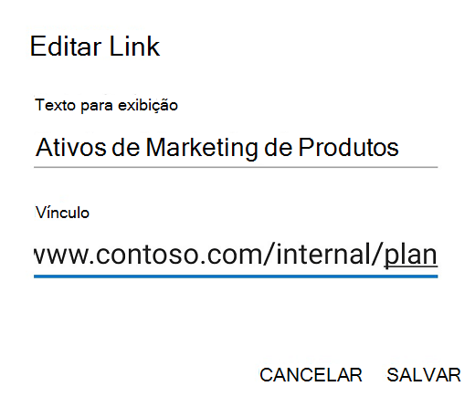 Caixa de diálogo Editar Ligação do Outlook para Android.