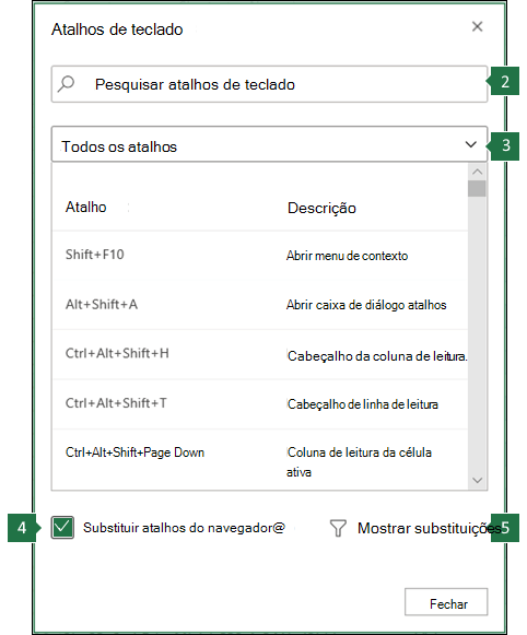 Substitua os atalhos do navegador no Excel para a caixa de diálogo da Web.