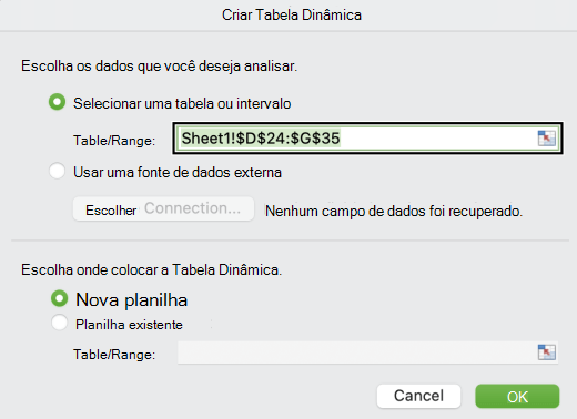 A caixa de diálogo Criar uma Tabela Dinâmica no Mac.