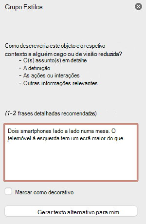 O painel Texto Alt no PowerPoint para Mac.