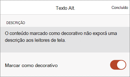 A opção Marcar como decorativa selecionada na caixa de diálogo Texto Alt no PowerPoint para iOS.