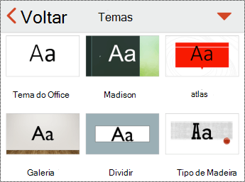 Menu temas no PowerPoint para iOS.