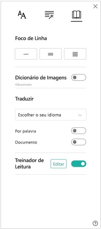 Captura de tela do painel de preferências de leitura da leitura avançada, mostrando opções para foco de linha, dicionário de imagens, tradução e Treinador de Leitura.