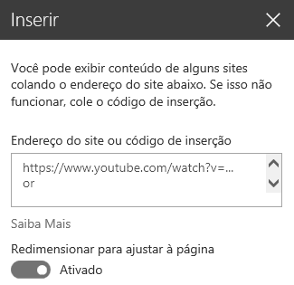 Captura de tela da caixa de diálogo de código de inserção no SharePoint.