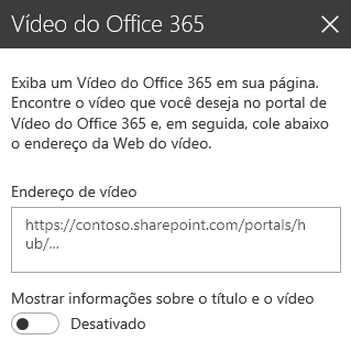 Captura de tela da caixa de diálogo de endereço de vídeo do Office 365 no SharePoint.