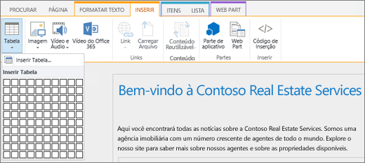 A captura de tela mostra a faixa de opções do SharePoint Online. Selecione a guia Inserir e selecione Inserir Tabela para especificar o número de linhas e colunas para uma nova tabela.
