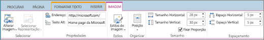 A captura de tela mostra uma seção da faixa de opções do SharePoint Online com a guia Imagem selecionada, e as opções disponíveis nos grupos Selecionar, Propriedades, Estilos, Organizar, Tamanho e Espaçamento.