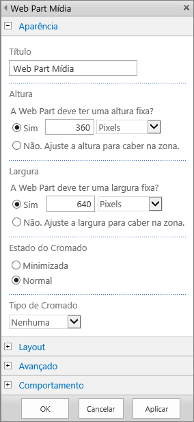 Captura de tela da caixa de diálogo Web Part Mídia no SharePoint Online para especificar as configurações relacionadas à Aparência, Layout, Avançado e Comportamento dos arquivos de mídia. As opções de Aparência são mostradas, incluindo título, altura, largura e estado e tipo do cromado.