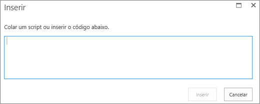 Captura de ecrã da caixa de diálogo Incorporar no SharePoint Online para colar scripts ou incorporar código para ficheiros de vídeo ou áudio e, em seguida, inserir o código.