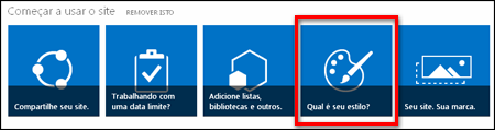 Site recém-criado no SharePoint Online, mostrando blocos clicáveis para personalizar ainda mais o site