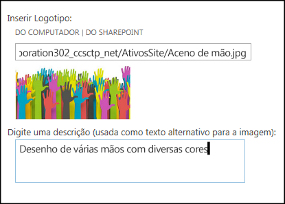 Caixa de diálogo Título e logotipo de novo site do SharePoint Online, mostrando como criar um texto alternativo para a imagem do logotipo