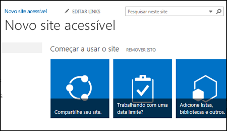 Captura de tela do novo site do SharePoint mostrando blocos usados para personalizar o site