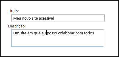 Caixa de diálogo Título de novo site do SharePoint Online