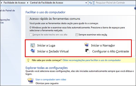 A caixa de diálogo Central de Facilidade de Acesso do Windows, em que você pode escolher tecnologias adaptativas